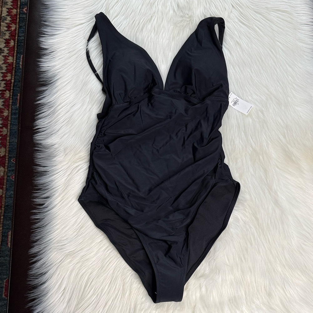 Old Navy Black Shirred Deep V-Neckline One Piece Swimsuit